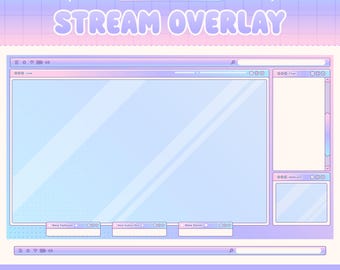 May include: A digital stream overlay set featuring a pastel blue and purple gradient color scheme with a grid background. The design includes window-style frames for live video, chat, webcam, and notification bars labeled New Follower, Subscriber, and Donor.
