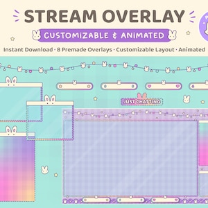 Bunny Twitch Overlay, Animated Customizable Stream Layout, Kawaii Cute Pastel Rainbow, Pink Purple Blue, Spring Easter