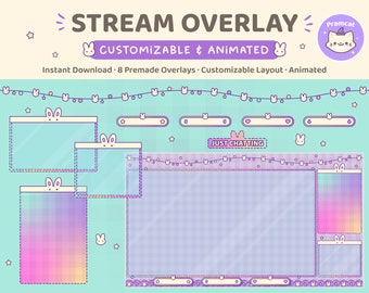 Bunny Twitch Overlay, Animated Customizable Stream Layout, Kawaii Cute Pastel Rainbow, Pink Purple Blue, Spring Easter