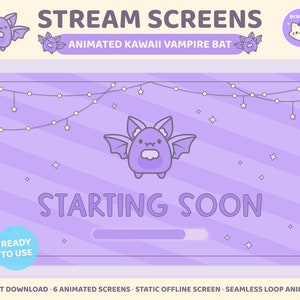 May include: Animated purple kawaii vampire bat with big eyes and wings. The bat is on a purple background with white stars and a string of white lights. The text "STARTING SOON" is in white letters. The text "READY TO USE" is in a blue circle. The text "INSTANT DOWNLOAD 6 ANIMATED SCREENS STATIC OFFLINE SCREEN SEAMLESS LOOP ANIMATION" is at the bottom of the image.
