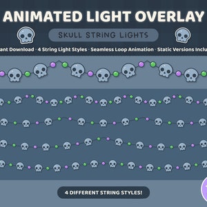 Skull Halloween Stream Decoration, Animated String Light Twitch Overlay, Kawaii Spooky Gothic Aesthetic