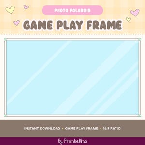 May include: A digital game play frame featuring a light blue rectangular center with a white border and teal corner accents. The top section has a yellow checkered pattern with hearts and the text PHOTO POLAROID GAME PLAY FRAME. Bottom text reads INSTANT DOWNLOAD GAME PLAY FRAME 16:9 RATIO By Prambelina.