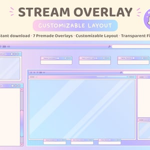 Twitch Overlay Customizable Stream Set |  Window UI Theme | Pink Blue Purple Pastel | 7 Overlays