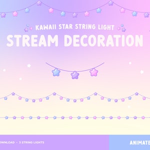 Kawaii Twitch Overlay Animated, Stream Decoration, Celestial Star Shaped Fairy Lights, Pastel Pink Purple Blue, Cute String Lights