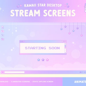 Cute Desktop Stream Screens x5, Animated Twitch Overlay, Lofi Retro Kawaii Star Windows, Celestial Pastel, Starting Soon, Offline, BRB