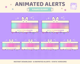 Kawaii BunnyTwitch Alerts | 6 Animated Stream Alerts | Cute Rainbow Aesthetic | Easter Rabbit | Fairy Lights | Sparkles