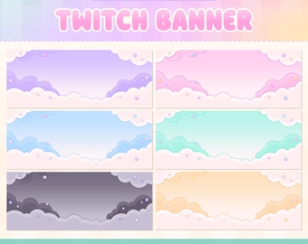 Twitch Banner x6, Profile Background, Kawaii Cute, Pastel Dreamy Clouds Star Sky, Purple, Pink, Blue, Mint, Orange, Black