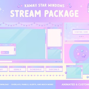 Cute Stream Package Animated, Twitch Overlay, Customizable Layout, Purple Pink, Screens, Alerts, Stinger, Panels, Kawaii Lofi Star Windows