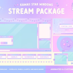 Cute Stream Package Animated, Twitch Overlay, Customizable Layout, Purple Pink, Screens, Alerts, Stinger, Panels, Kawaii Lofi Star Windows