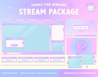 Pacote de fluxo fofo animado, sobreposição de Twitch, layout personalizável, rosa roxo, telas, alertas, Stinger, painéis, janelas Kawaii Lofi Star