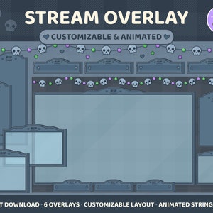 Halloween Twitch Stream Overlay, RIP Tombstone Graveyard Skulls, Animated and Customizable, 6 Premade Overlays, Spooky Gothic Horror, Vtuber