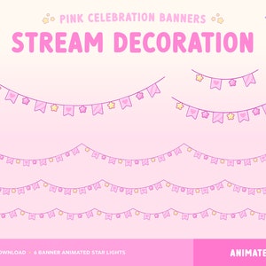 Roze verjaardag stream decoratie, geanimeerde twitch-overlay, pastel banner ster lichtslingers, viering feest slinger, Vtuber