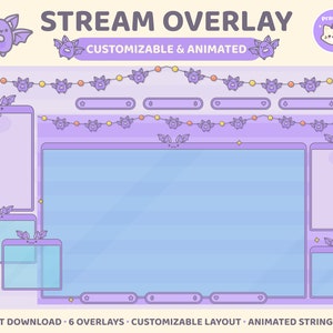 Bat Twitch Overlay, Halloween Animated Customizable Stream Layout, Vampire, Gothic, Kawaii Cute, Cozy Fall Autumn, Purple, String Lights