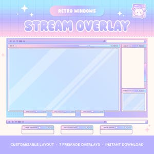 May include: A customizable retro-style stream overlay with a blue and pink color scheme. The overlay features a window with a chat box, a webcam feed, and a donation bar. The text "STREAM OVERLAY" is displayed in a large, pink font.