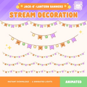 Twitch Halloween Overlay, Jack-O&#39;-Lantern Animated Stream Decoration, Pumpkin Party Garland String Lights, Kawaii Cute Star, Vtuber, Fall