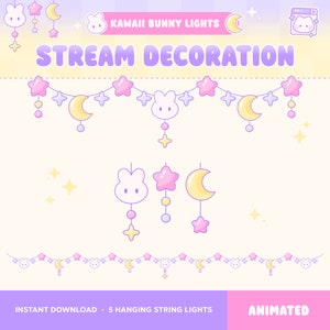 Moon Bunny Stream Decoration, Twitch Overlay, Celestial Animated String Lights, Pastel Pink Purple, Kawaii Cute,Star, Easter, Vtuber Assets