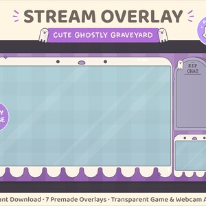 Halloween Twitch Stream Overlay, 7 Premade Overlays, Cute Spooky Ghost Graveyard, Kawaii Gothic RIP Tombstone