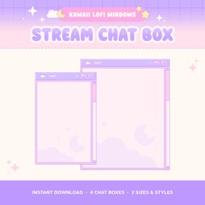 May include: Two digital stream chat box overlays in light purple and cream colors. The windows feature a title bar labeled CHAT with window control icons. The background of the chat area displays a subtle pattern of clouds and a crescent moon.