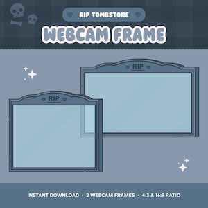 May include: Two blue-grey digital webcam frames shaped like tombstones with the text RIP and small hearts at the top. The graphic includes the text RIP TOMBSTONE WEBCAM FRAME at the top and INSTANT DOWNLOAD 2 WEBCAM FRAMES 4:3 & 16:9 RATIO at the bottom.