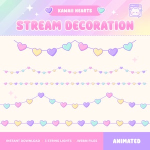 May include: Kawaii Hearts Stream Decoration animated string lights with pink, yellow, blue, and purple hearts.  Instant download, 3 string lights, webm files.
