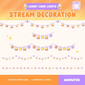 May include: Animated stream decoration featuring candy corn lights. The design includes strings of lights with candy corn and star-shaped ornaments in orange, yellow, and purple. The text "CANDY CORN LIGHTS" and "STREAM DECORATION" are displayed.