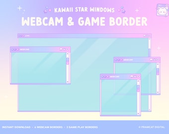 Retro Twitch Webcam Game Borders Overlay, Kawaii Star, Windows, Cute Facecam Frame, Purple Pink Blue Iridescent Gradient