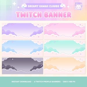 Twitch Banner x6, Profile Background, Kawaii Cute, Pastel Dreamy Clouds Star Sky, Purple, Pink, Blue, Mint, Orange, Black