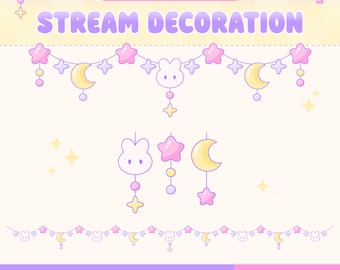 Moon Bunny Stream Decoration Animated Twitch Overlay, Celestial String Light Garland, Pink, Purple