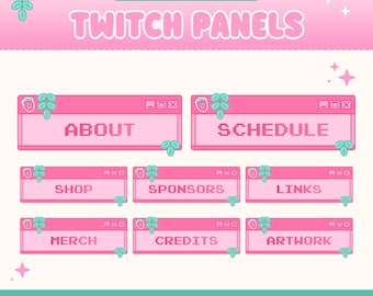 Strawberry Cute Twitch Panels, Cottagecore Stream Assets, Pink Retro Windows, Plant (35 Panels)