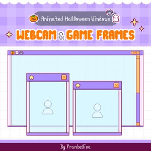 May include: A digital graphic set featuring pixel art style webcam and game frames with a Halloween theme. The design includes purple window borders, orange text reading Animated Halloween Windows and WEBCAM & GAME FRAMES, and icons of a pumpkin, ghost, and bat.