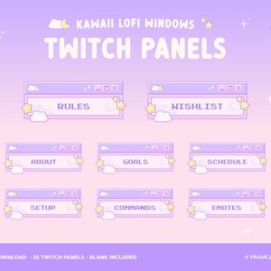 Paneles de Twitch adorables x35, ventanas Lofi Y2K, nube de luna y estrella celestial, morado pastel kawaii, sección Acerca de Twitch