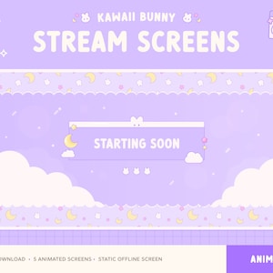 Kawaii Bunny Animated Stream Screens x5, Twitch Overlay, Cute Purple Pastel Star Moon, Starting Soon, BRB, Stream End, Twitch Offline Banner