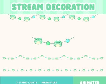 Frog Stream Decoration, Animated Twitch Overlay String Lights, Pastel Kawaii Cute Aesthetic, Cottagecore Froggy, Mint Green