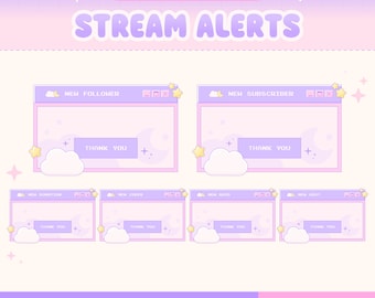 Cute Twitch Alerts, Animated Stream Overlay, Lofi Retro Windows, Celestial Cloud Star, Cozy, Pastel Purple Pink