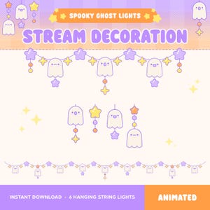 May include: A digital graphic featuring the text SPOOKY GHOST LIGHTS and STREAM DECORATION. The design displays various hanging string lights with white ghost characters, purple stars, and yellow star accents in a repeating pattern on a light background.