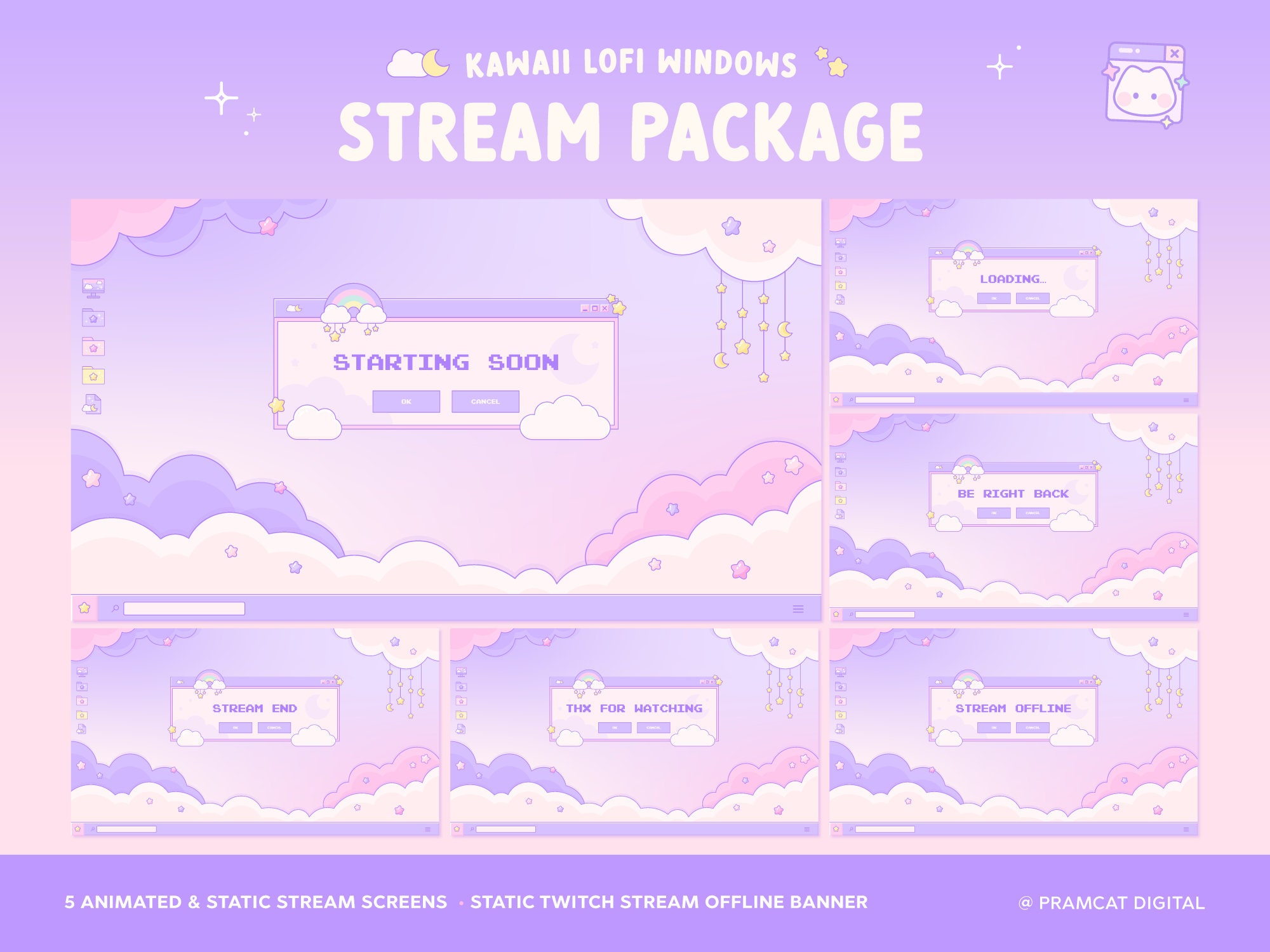 Animated Twitch Overlay Lofi Kawaii Windows Customizable -  in