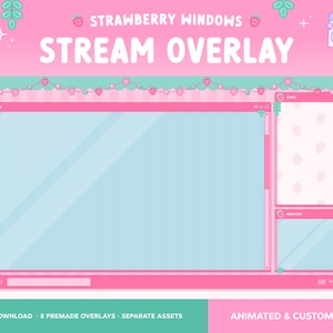 Strawberry Twitch Overlay, Animated Customizable Layout, Windows Desktop Taskbar, Cottagecore, Cute Kawaii, Spring Summer Fruit Leaf
