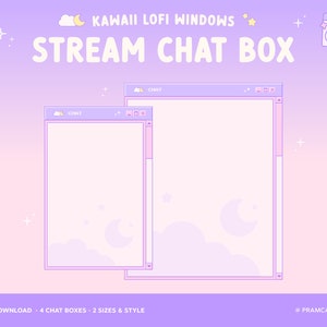 Cuadro de chat de transmisión con superposición retro de Twitch, ventanas Lofi Kawaii, luna de nube, estética rosa pastel
