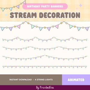 Puede incluir: Un conjunto gráfico digital que presenta cuatro pancartas de luces de cadena animadas con banderines triangulares pastel en azul, rosa y verde menta, acentuados por pequeños círculos amarillos. El texto dice BIRTHDAY PARTY BANNERS, STREAM DECORATION, INSTANT DOWNLOAD, 4 STRING LIGHTS, ANIMATED y By Prambelina.