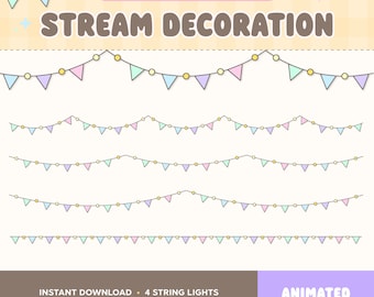 Twitch Overlay, Animated String Light Stream Decoration, Kawaii Pastel Flag Ribbon, Celebration, Birthday, Carnival, Cozy