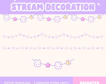 May include: A digital graphic set featuring three animated string light designs with white bunny heads, pink stars, and yellow crescent moons on a light purple background. The text reads Kawaii Bunny Stream Decoration, Instant Download, and Animated.