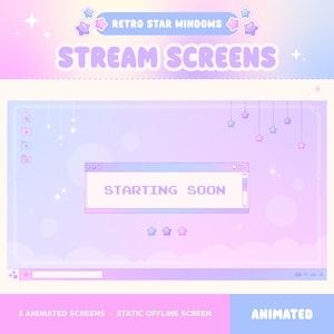 Könnte beinhalten: Ein digitales Stream-Bildschirm-Overlay mit einem pastellfarbenen violett-rosa Farbverlauf und hängenden Sternsymbolen. In der Mitte befindet sich ein verpixeltes Fenster mit dem Text STARTING SOON. Enthält Ordnersymbole, eine Taskleiste und Glitzereffekte.