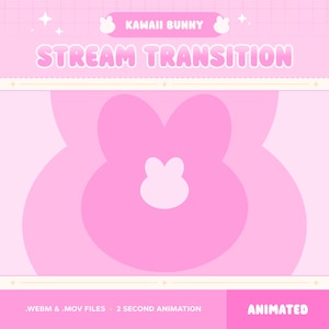 Peut inclure: Un graphique numérique avec un fond rose clair à motif quadrillé. Le texte indique KAWAII BUNNY STREAM TRANSITION. Une grande silhouette de lapin rose est centrée, avec une icône de lapin blanc plus petite à l'intérieur. Inclut .WEBM & .MOV.