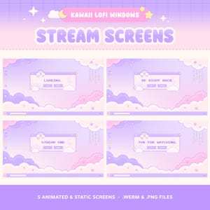 Peut inclure: Un ensemble num&eacute;rique de quatre &eacute;crans de streaming avec un fond de nuages pastel violet et rose, des &eacute;toiles et des lunes. Le texte indique KAWAII LOFI WINDOWS, STREAM SCREENS, LOADING, BE RIGHT BACK, STREAM END et THX FOR WATCHING en police pixel.