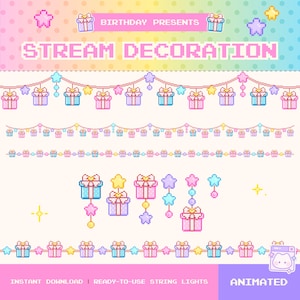May include: Pixelated digital art featuring birthday-themed decorations. The design includes string lights with gift boxes and stars in pastel colors. Text reads "Birthday Presents" and "Stream Decoration". The bottom text says "Instant Download | Ready-to-use String Lights | Animated".