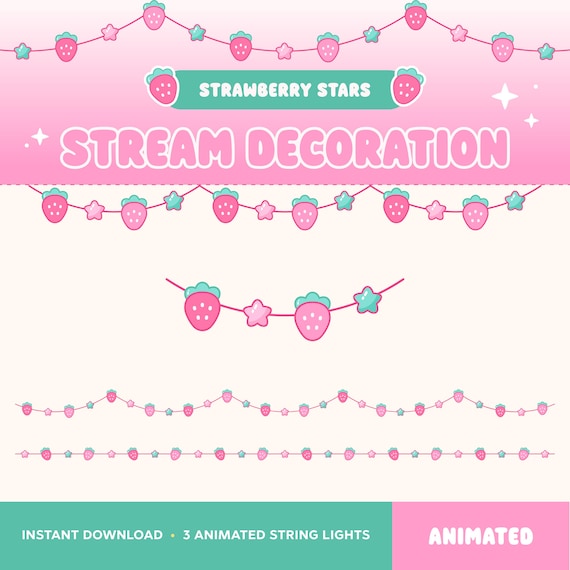 Strawberry Stream Decoration, Animated Twitch Overlay, String Light Garland, Cozy Cottagecore Farm