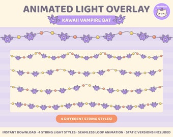 Bat Halloween Stream Decoration, Animated String Light Twitch Overlay, Purple, Kawaii Spooky Gothic Aesthetic