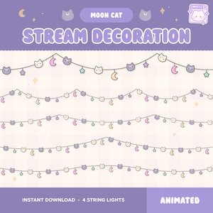 Op de afbeelding: Vier geanimeerde lichtslingers met een paarse kat, halve maan en sterontwerpen. De tekst "Moon Cat Stream Decoration" staat bovenaan de afbeelding. De tekst "Instant Download - 4 String Lights" staat linksonder in de afbeelding. De tekst "Animated" staat rechtsonder in de afbeelding.