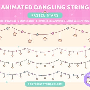 Op de afbeelding: Geanimeerde pastelkleurige sterrengirlande met drie verschillende touwkleuren. De guirlande bestaat uit sterren met een bruin, zwart en blauw touw. De tekst "Animated Dangling String Pastel Stars" staat bovenaan de afbeelding. De tekst "Instant Download - 3 String Colors - Seamless Loop Animation - Static Versions Included" staat onder de titel. De tekst "3 Different String Colors!" staat onderaan de afbeelding.