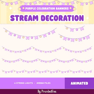 Op de afbeelding: Een digitale grafische set met paarse feestbanners en streamdecoratie met verschillende stijlen slingers met kleine gele sterren en hartvormen. De afbeelding bevat de tekst Purple Celebration Banners, Stream Decoration, 6 String Lights, .Webm Files, Animated en By Prambelina.